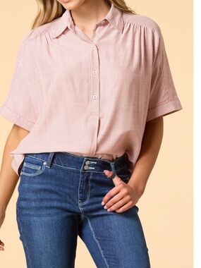 Relaxed Short-Sleeve Button-Down Shirt in Light Pink Stripe